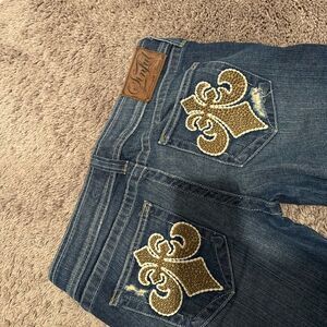Sinful Stylish Blue Jeans with Gold Embroidery logo size 28